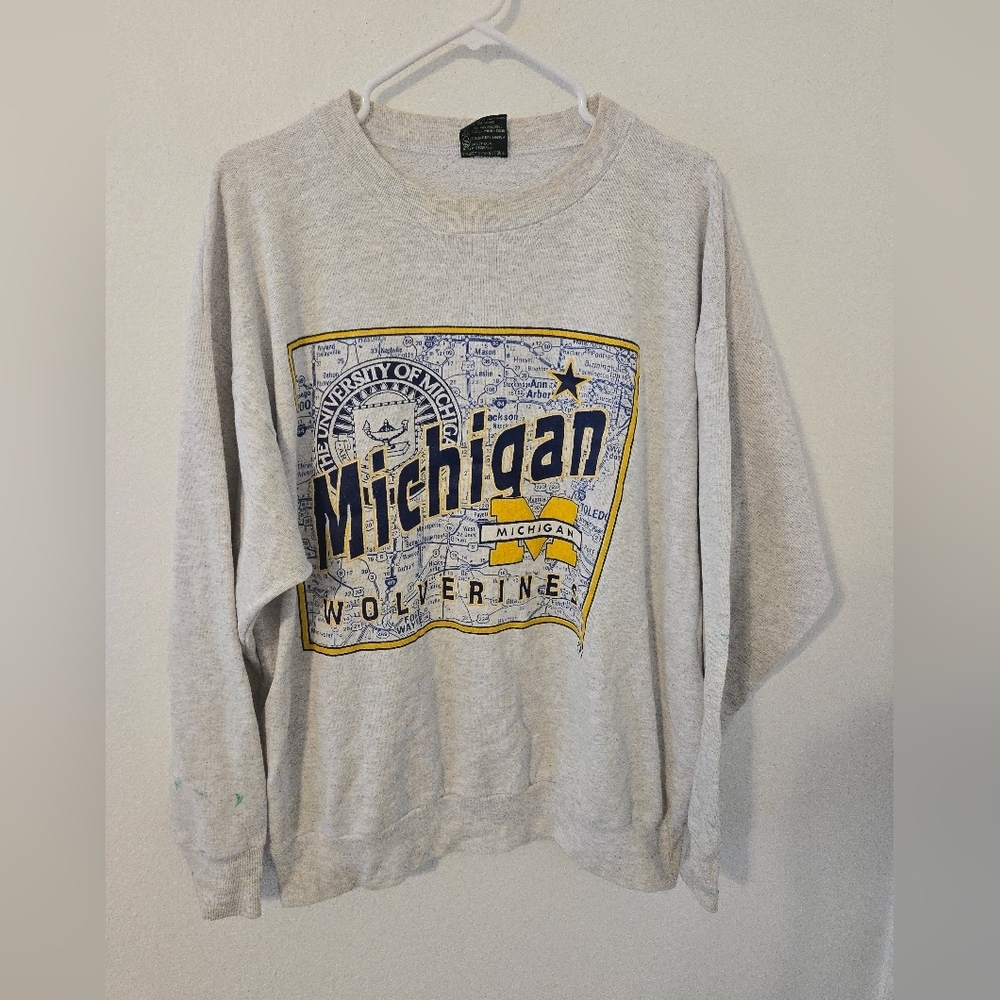 Vintage 90s Michigan Wolverines University Sweatshirt City Map Mens XL TSI Natur - Picture 3 of 9